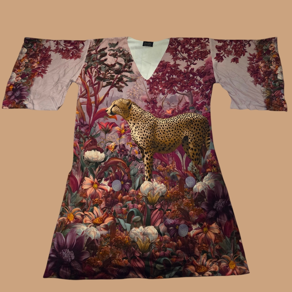Elegant Kimono Dress with Cheetah and Floral Design NWOT